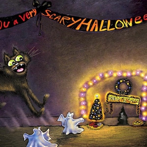 Cartão engraçado de Halloween, cartão de felicitações de gato preto, cartão de feriado de ratos fantasmas, arte assustadora de Halloween, cartão de casa mal-assombrada, decoração de Halloween 4x6 feito à mão