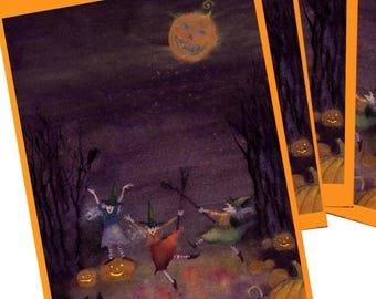 Halloween Watercolor Card Set: Witches, Pumpkins, Full Moon + Stickers