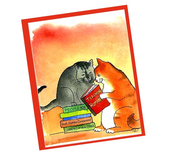 Funny Cat Card: Watercolor Tabby & Grey Cats Reading