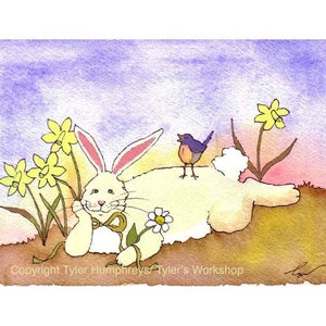 Biglietto di Pasqua - Divertente biglietto di auguri di Pasqua Biglietto primaverile con acquerello Coniglietto Coniglio Arte Coniglietto Uccellino Narcisi Acquerello Stampa 5x7