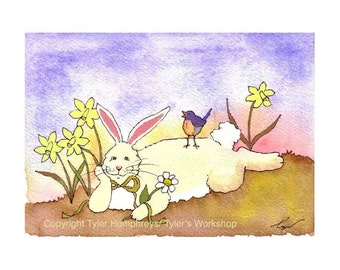 Easter Card - Funny Easter Greeting Card Spring Watercolor Card Bunny Rabbit Art Bunny Bluebird Daffodils Watercolor Painting Print 5x7