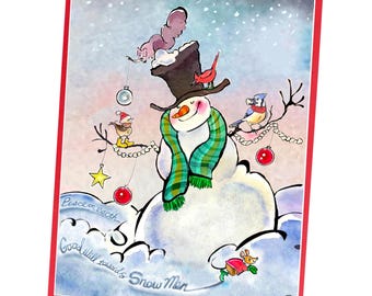 Snowman Christmas Card - Winter Animals & Birds Happy Holiday Greeting