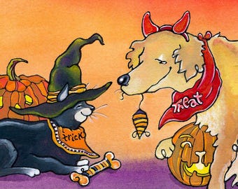 Divertente biglietto di auguri di Halloween: biglietto di auguri acquerello con gatto e cane