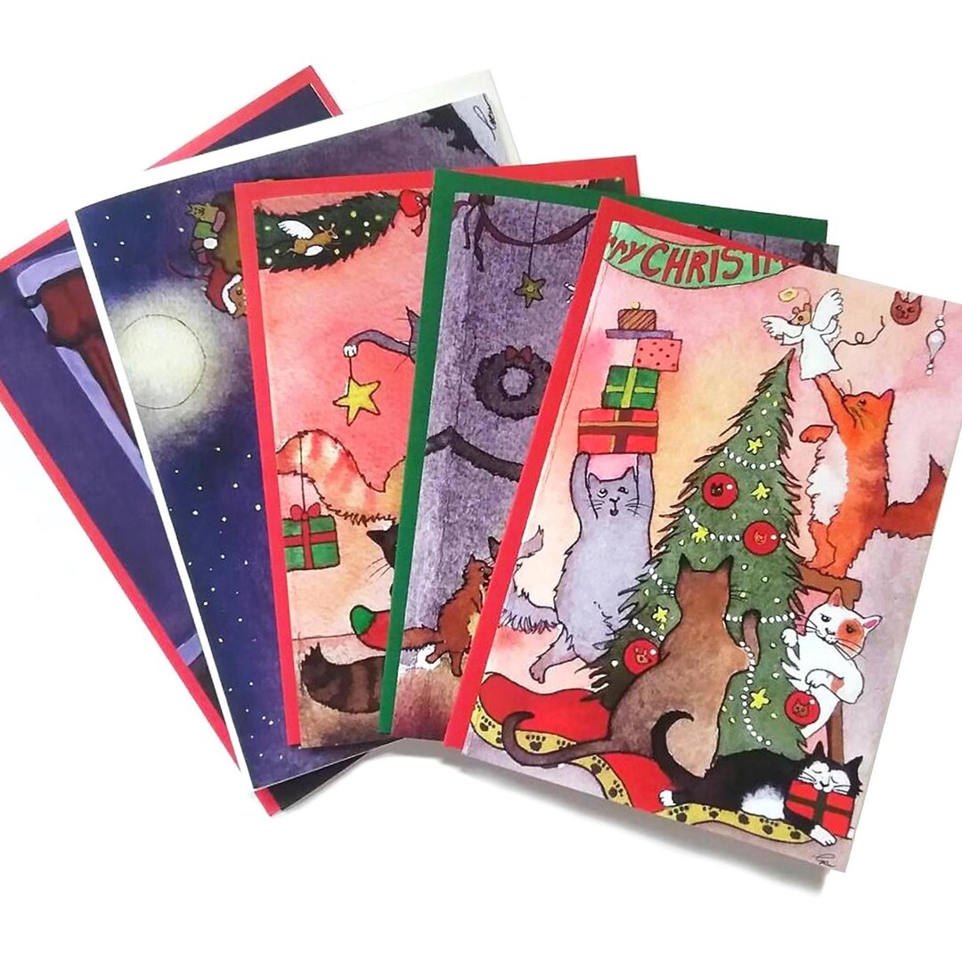 Funny Cat Christmas Cards Set: Watercolor Holiday Greeting Cards - Etsy