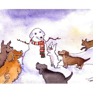 Tarjeta navideña con perro: Escena artística de muñeco de nieve y perro de nieve: Saludo invernal en acuarela para amantes de las mascotas