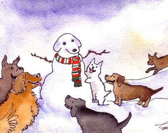 Dog Christmas Card – Snowdog Snowman Art Scene – Watercolor Winter Greeting for Pet Lovers