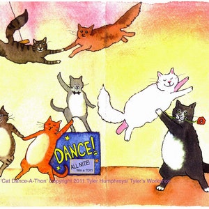 Carte de voeux de chats dansants, carte de chats drôles, impression d'illustration aquarelle de chat « thon de danse chat »