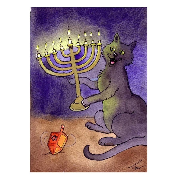Hanukkah Cat Watercolor Card Print