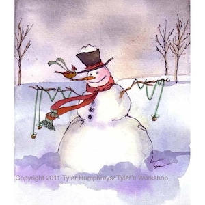Carte de voeux de Noël bonhomme de neige, carte de bonhomme de neige, art de bonhomme de neige, carte de voeux de bonhomme de neige, impression de peinture d'aquarelle d'hiver d'illustration de bonhomme de neige