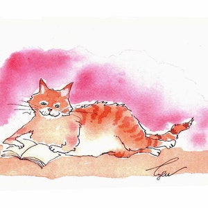 Katzen Kunst Katze Orange Rot getigerte Katze Grußkarte Aquarell Malerei Illustration Druck 'The Literate Cat'