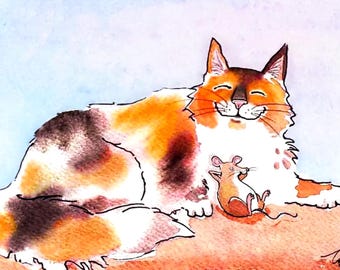 Watercolor Calico Cat & Mouse Friendship Card - Handmade Greeting Card