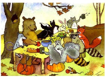 Woodland Animals Watercolor Greeting Card: Autumn Thanksgiving Celebration