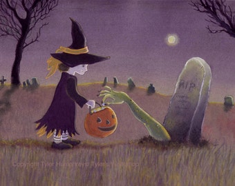 Funny Halloween Card Witch Graveyard Full Moon Origanal Handmade Watercolor Greeting Card