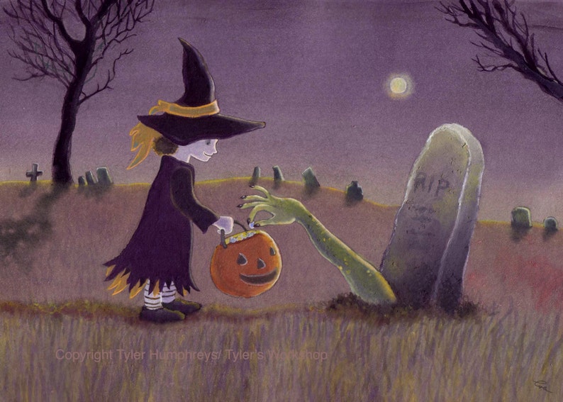 Funny Halloween Card Witch Graveyard Full Moon Origanal Handmade Watercolor Greeting Card image 1