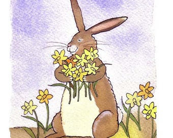 Witzige Hasen Osterkarte: Narzisse Aquarell Print