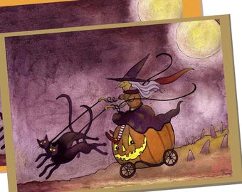 Funny Halloween Card: Witch's Pumpkin Express, Black Cat Art