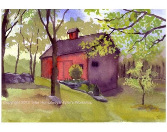 Old Red Barn Greeting Card - Country Landscape Watercolor Painting Print