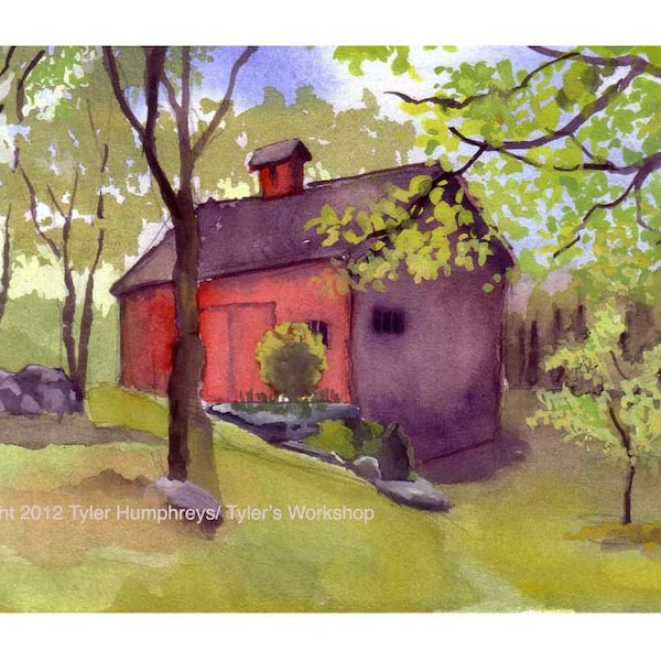Old Red Barn Greeting Card - Country Landscape Watercolor Painting Print