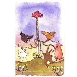 Cards For Spring, May Day Funny Watercolor Animals Greeting Card, Bunny Rabbits Pig Chickens Farm Animals, 'Around The Maypole'