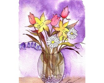 Muttertag Aquarell Frühlingsblumen Karte: Narzissen, Tulpen, Gänseblümchen (4x6)