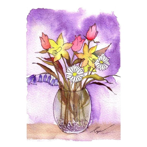Mothers Day Watercolor Spring Flowers Card: Daffodils, Tulips, Daisies (4x6)