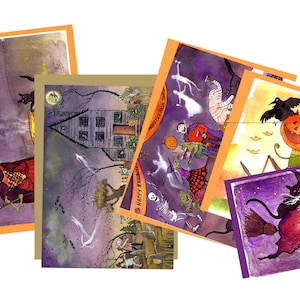 Lot de 5 cartes d'Halloween - Sorcière drôle, maison hantée, fête de monstres, chat noir - Cartes de voeux d'Halloween - Offre groupée - Vierge à l'intérieur