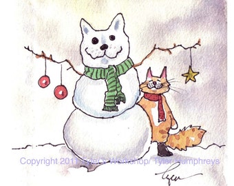 Cat Christmas Card - Cat Card - Cat Christmas Greeting Card - Cat Watercolor Painting Illustration Cartoon Print 'Snowcat'