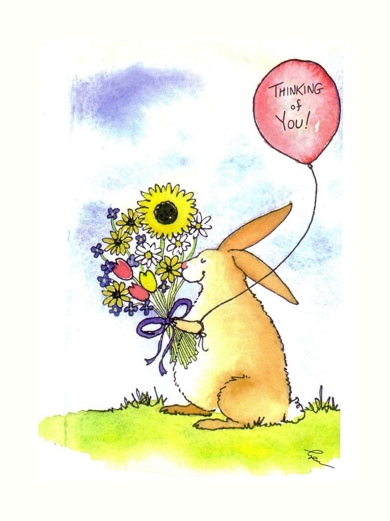 Thinking Of You Card Funny Rabbit Bunny Card Bunny Flowers Watercolor Greeting Card image 1
