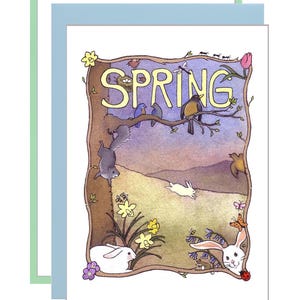 Cartão de felicitações Cartão em branco para a primavera Cartão de felicitações de Páscoa Cartão de amante dos animais da natureza Coelho Pássaros Narciso Flores Aquarela Impressão Imagem de primavera