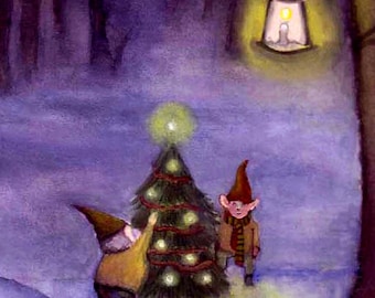 Gnome Christmas Card: Watercolor Elves & Owl Print (5x7)