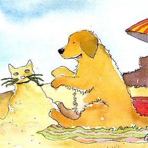 Cartão de praia Golden Retriever, cartão de felicitações de verão para cachorros engraçados, presente para amantes da praia, cartão de condolências para aniversário de animais de estimação, cartão de arte em aquarela para dias de cachorro