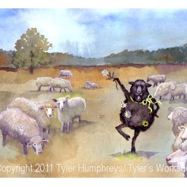 Funny Sheep Greeting Card - Black Sheep Watercolor Painting Illustration Print 'Blaaaack Sheep'