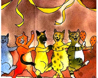 Funny Cat Birthday Card: Conga Line Watercolor Art