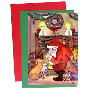 Dog and Cat Christmas Greeting Card- Pets Illustration Print &#39;Not A Creature Was Stirring&#39;