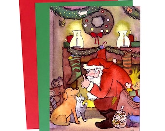 Cartão de Natal com cães e gatos - Ilustração de animais de estimação 'Nenhuma criatura estava se mexendo'