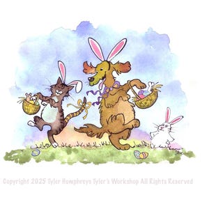 Osterkarte, lustige Osterkarte, Aquarell Ostern, Osterkarte Katze und Hund, Ostergruß, 'Ostertiere'