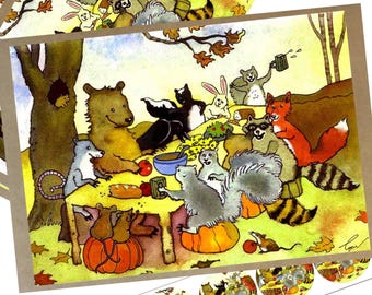Thanksgiving Watercolor Card Set: Fall Forest Animals + Stickers