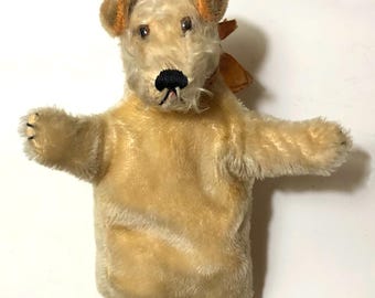 Vintage Steiff Style Hund Handpuppe, Mohair Hund Puppe, deutsche Plüschtier, Sammlerstück Tierpuppe