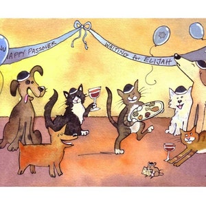 Carte de la Pâque - animaux animaux de compagnie carte de voeux de la Pâque - animaux peinture à l'aquarelle Illustration dessin animé impression « En attente d'Élie »