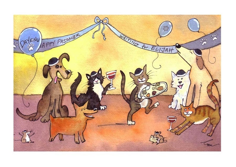 Passover Card Animals Pets Passover Greeting Card Animals Watercolor Painting Illustration Cartoon Print 'Waiting for Elijah' image 1