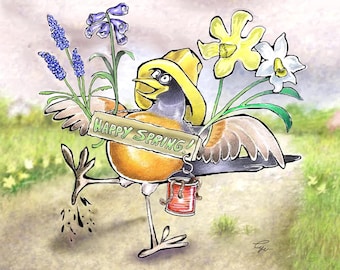 Grappige Robin Spring Card: wenskaart aquarel vogelkunst