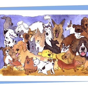 May include: A watercolor illustration of various dog breeds, including a Dalmatian, poodle, and dachshund, against a blue background. The dogs are depicted with expressive faces and varying fur colors, creating a lively and colorful composition. The artwork is framed with a light blue border.