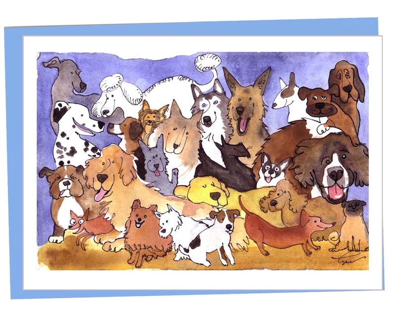 May include: A watercolor illustration of various dog breeds, including a Dalmatian, poodle, and dachshund, against a blue background. The dogs are depicted with expressive faces and varying fur colors, creating a lively and colorful composition. The artwork is framed with a light blue border.