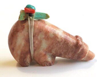 Zuni Bear Fetish Carving Pink Stone Animal Totem with Bundle Hand Carved Southwestern Sculpture
