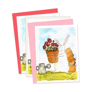 Tarjeta del Día de la Madre: Conejito, tarjeta de felicitación, jardín de flores, geranios rojos, tarjeta de acuarela, linda tarjeta, tarjeta de mamá jardinera, conejo blanco, tarjeta divertida