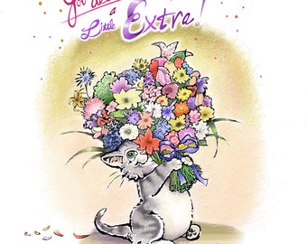 Funny Cat Card, Blank Cat with Flowers Greeting Card, Cat Humor Art, Art for Cat Lovers, Animal Theme Art, Cat Birthday Card