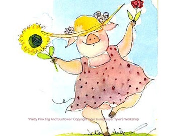 Pig Greeting Card - Funny Pig Card - Funny Watercolor Pig Art Illustration Print 'Pretty Pink Pig and Sunflower'