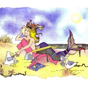Tarjeta de felicitación de sirena divertida: ilustración de dibujos animados de sirena de moda, pintura en acuarela, impresión "Las chicas solo quieren divertirse"