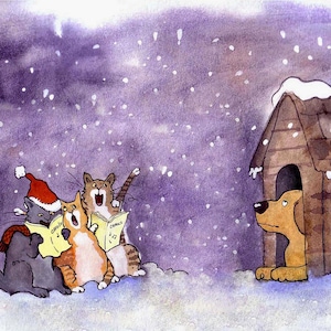 Funny Watercolor Christmas Card: Caroling Cats & Dog