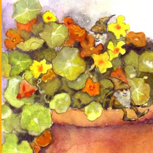 Carte de voeux nain, carte de jardin capucine, botanique fantastique, aquarelle, carte de nain, une pensée pour vous, carte pour jardiniers, amoureux de la nature